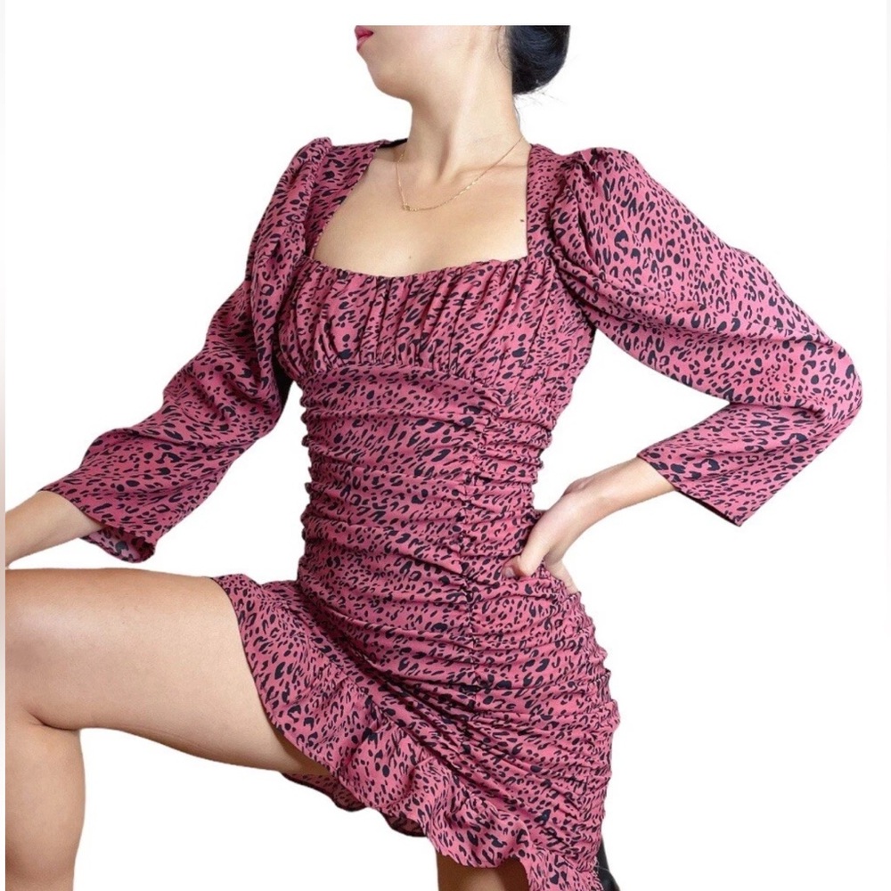 Zara Puffsleeve Pink Marsala Animal Print Ruched‎ Dress Size XXL NWT